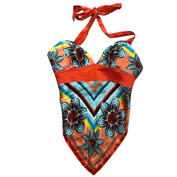 Bebe Silk Hankerchief Backless Lined Cups Colorful Halter Tie Back Clasp Sz XS - Picture 2 of 4